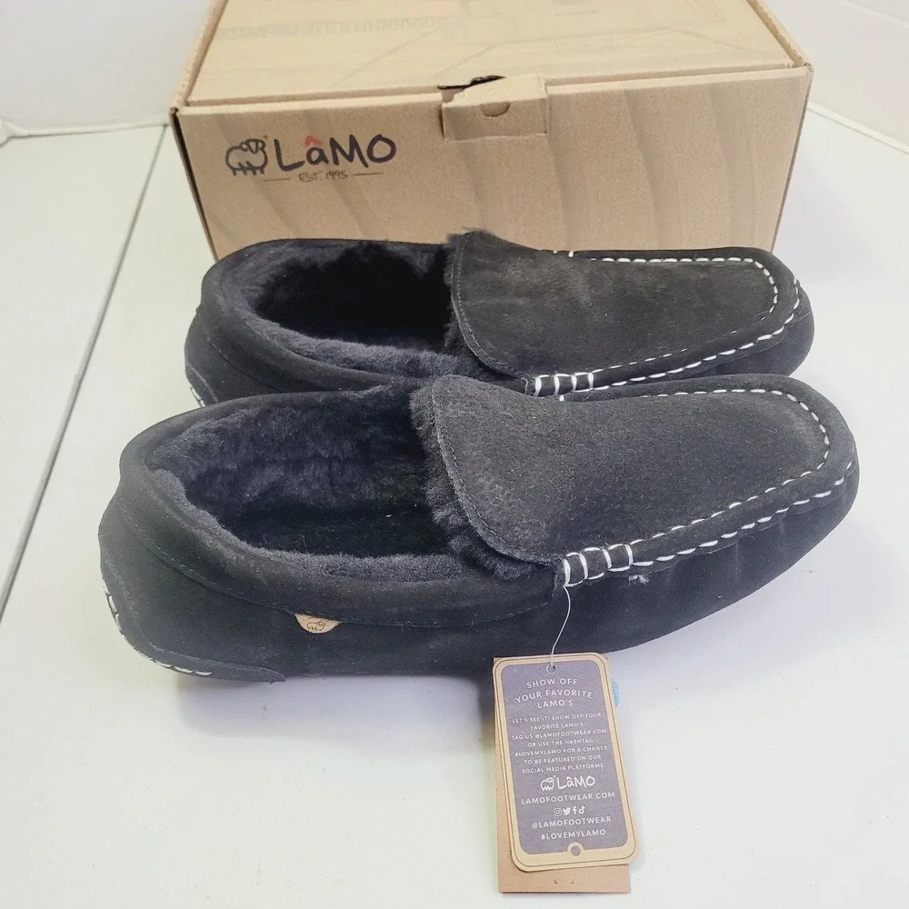 Lamo Men's Moccasin Slippers Size 11 Black Suede Faux Fur Lined House Shoes